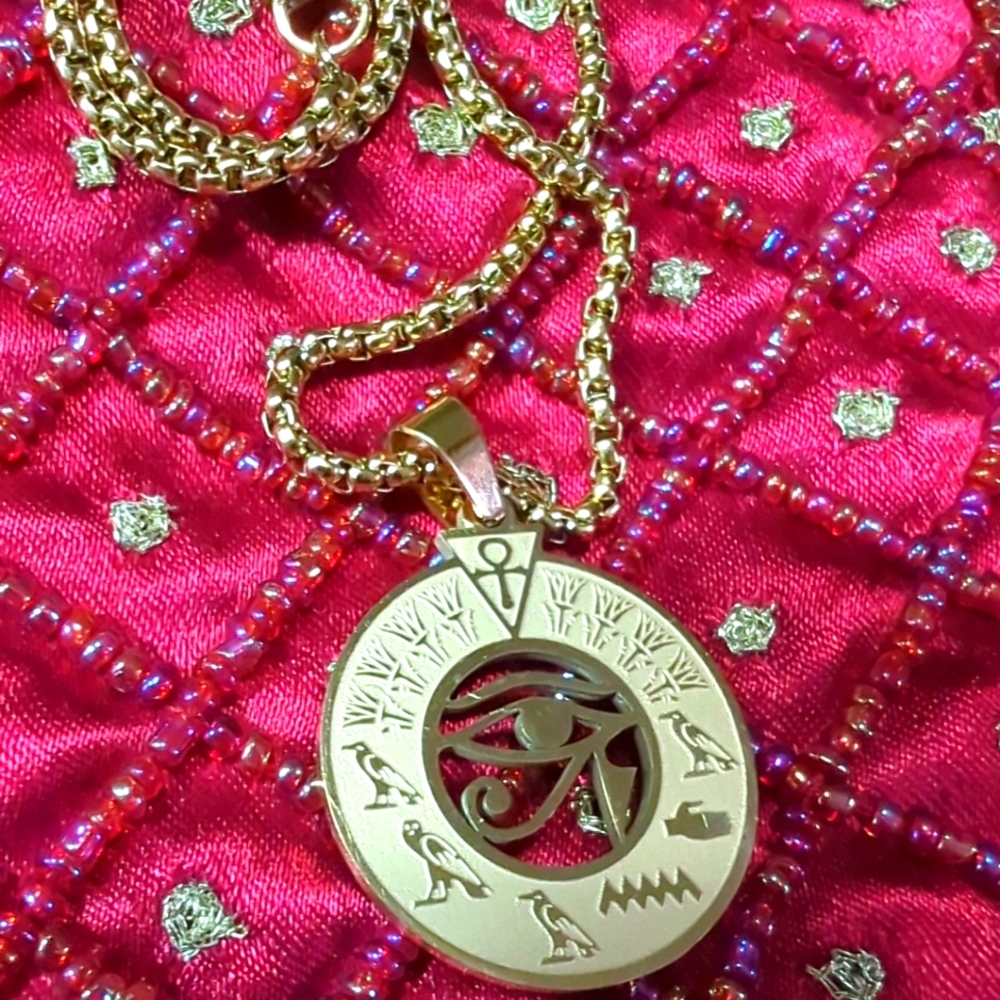 Mythological Egyptian Pendant Necklace-Gold Color Metal Evil Eye Unisex Jewelry